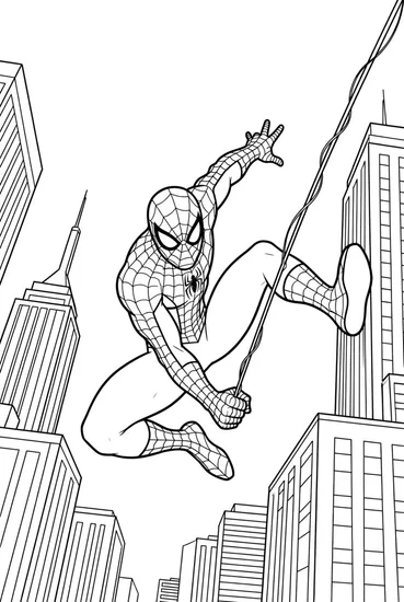 A coloring page of Spiderman City Swing Coloring Page