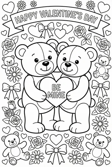 A coloring page of Valentine’s Day Teddy Bears with Hearts and Flowers Coloring Page