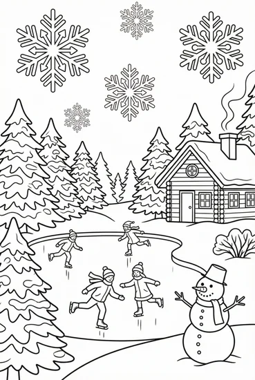 A coloring page of Winter Skating Scene Coloring Page